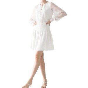 WHITE HOUSE BLACK MARKET Medium Textured White Long Sleeve Dress Smocked Lined